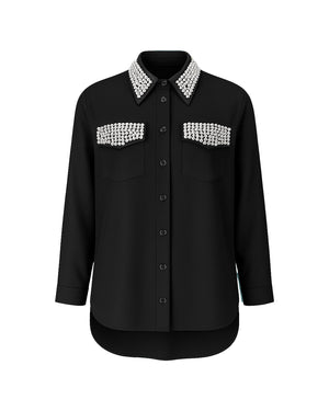 Black shirt with decorative white collar and chest pockets on a white background