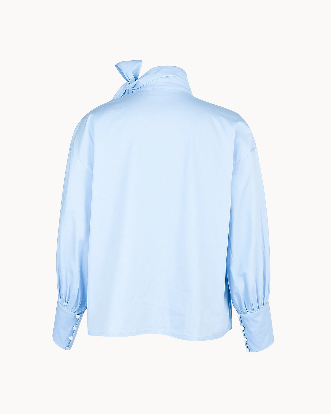Light blue blouse with a bow detail on the back against a white background