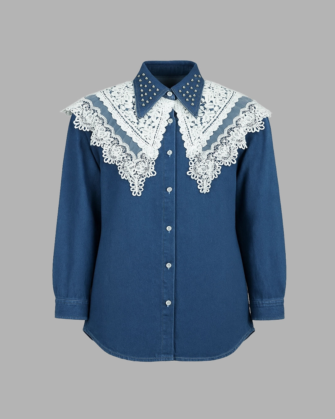 Blue shirt with white lace details on a gray background