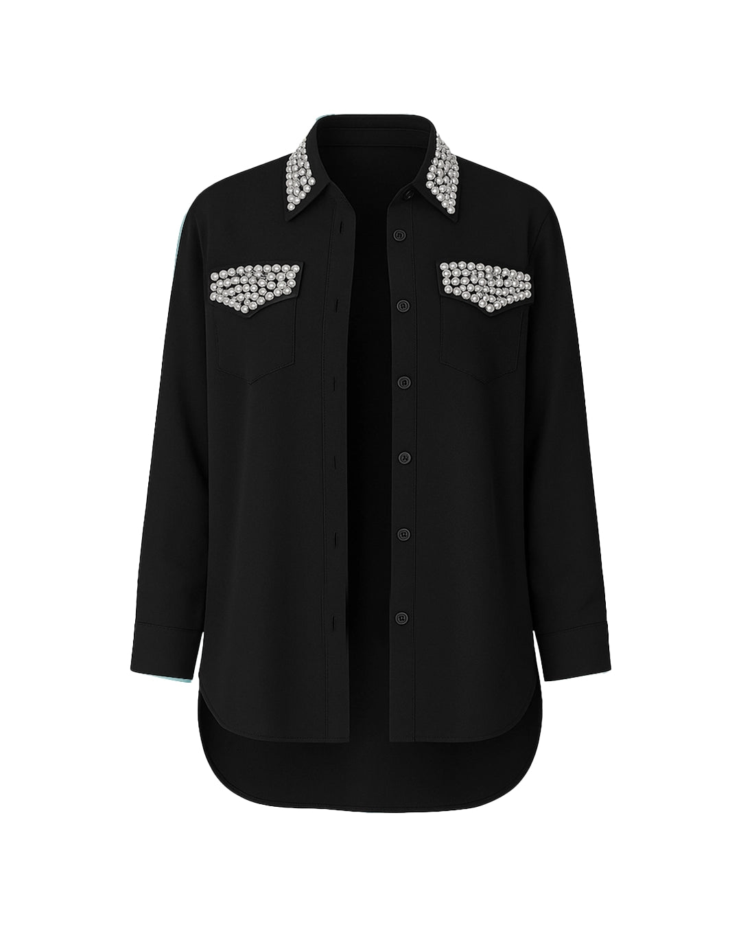 Black shirt with pearl embellishments on a white background