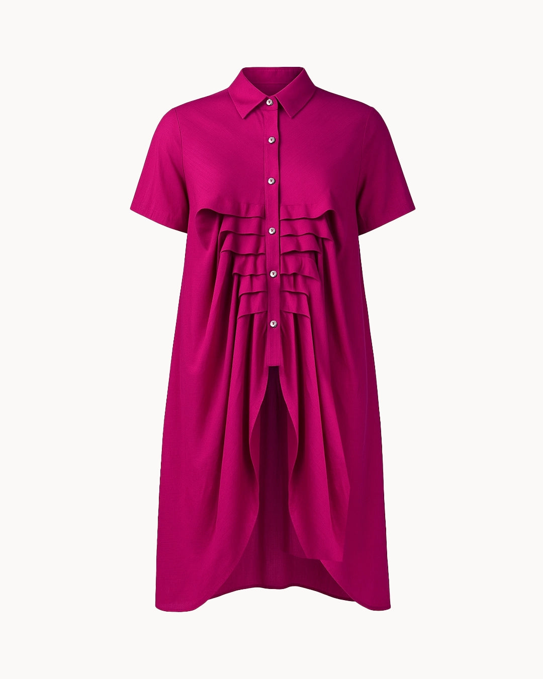 Fuchsia dress with ruffled details on a white background