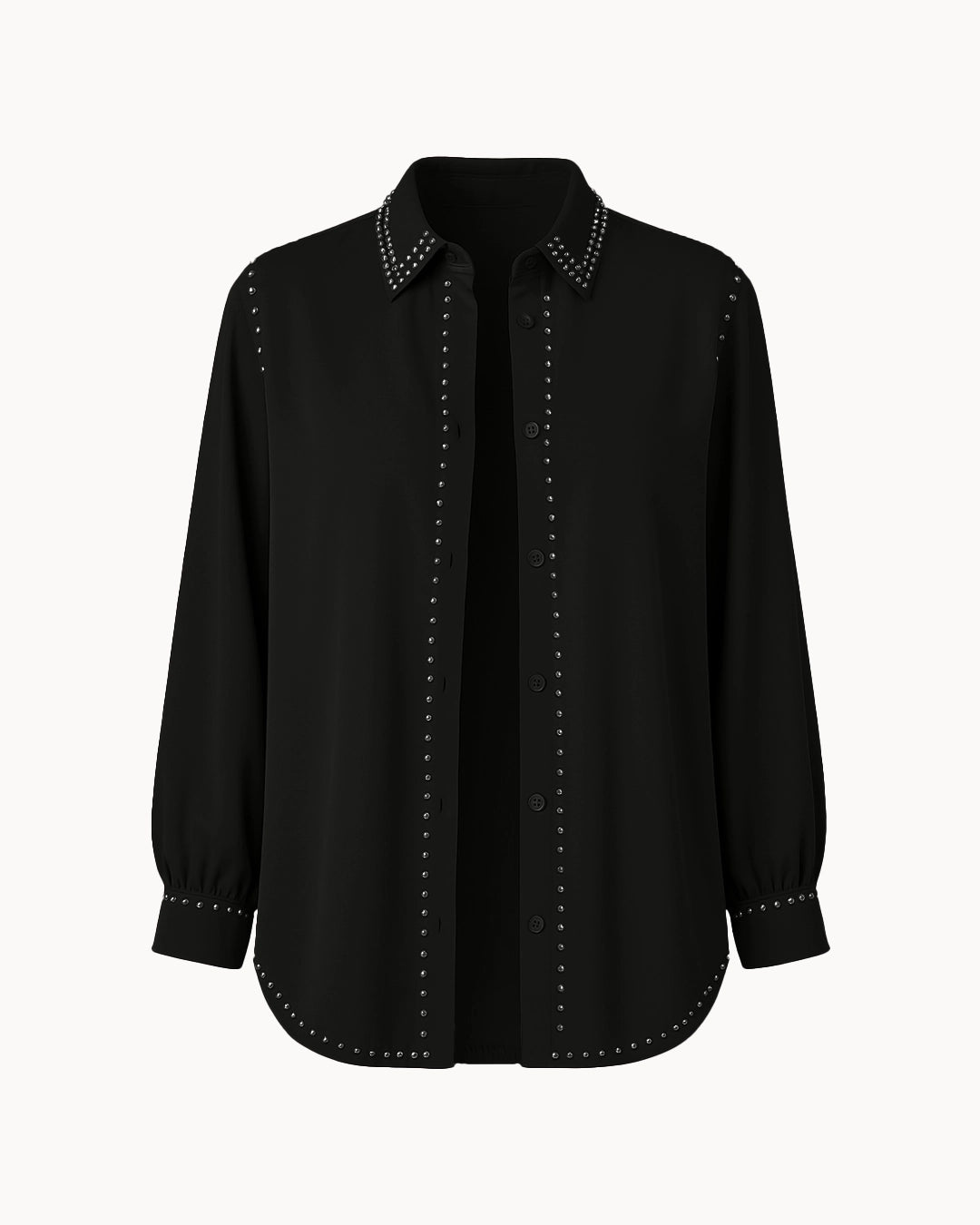 Black shirt with studded details on a white background