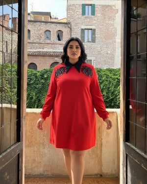 Red dress with a black collar on a white background