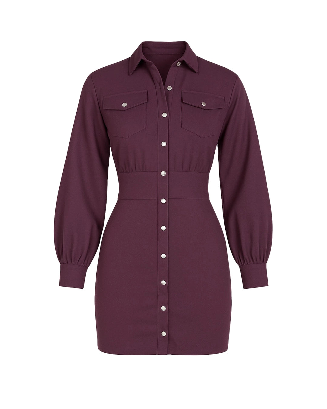 Maroon shirt dress with long sleeves on a white background