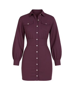 Maroon shirt dress with long sleeves on a white background