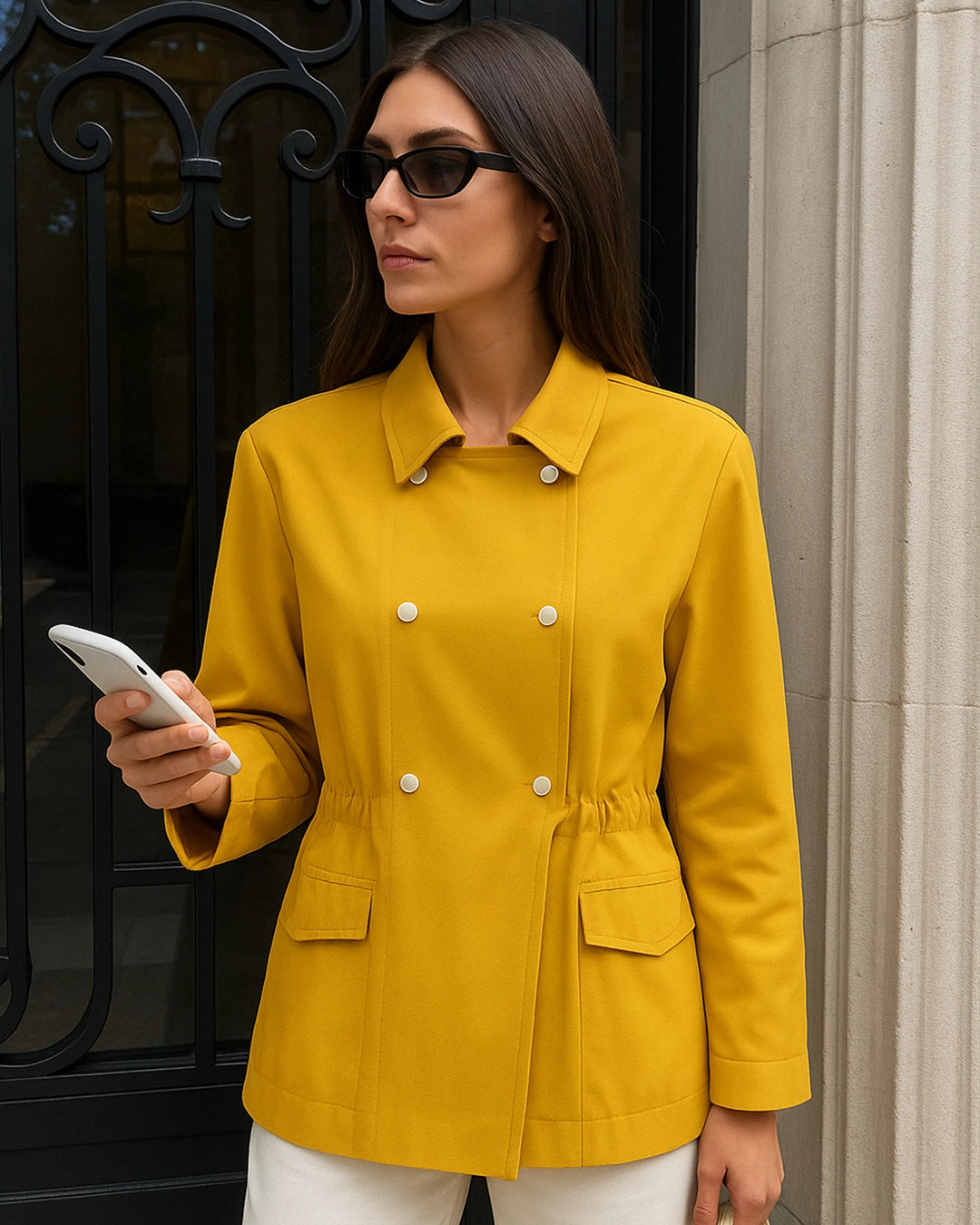 Woman wearing a yellow jacket holding a phone, standing against a building entrance.