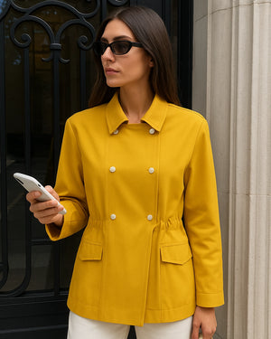 Woman wearing a yellow jacket holding a phone, standing against a building entrance.