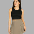BeboNLolo khaki mini skirt with side flap pockets and buckle strap detail – Front View