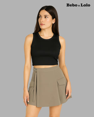 BeboNLolo khaki mini skirt with side flap pockets and buckle strap detail – Front View