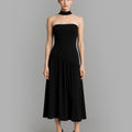 Strapless drop waist black midi dress - front view