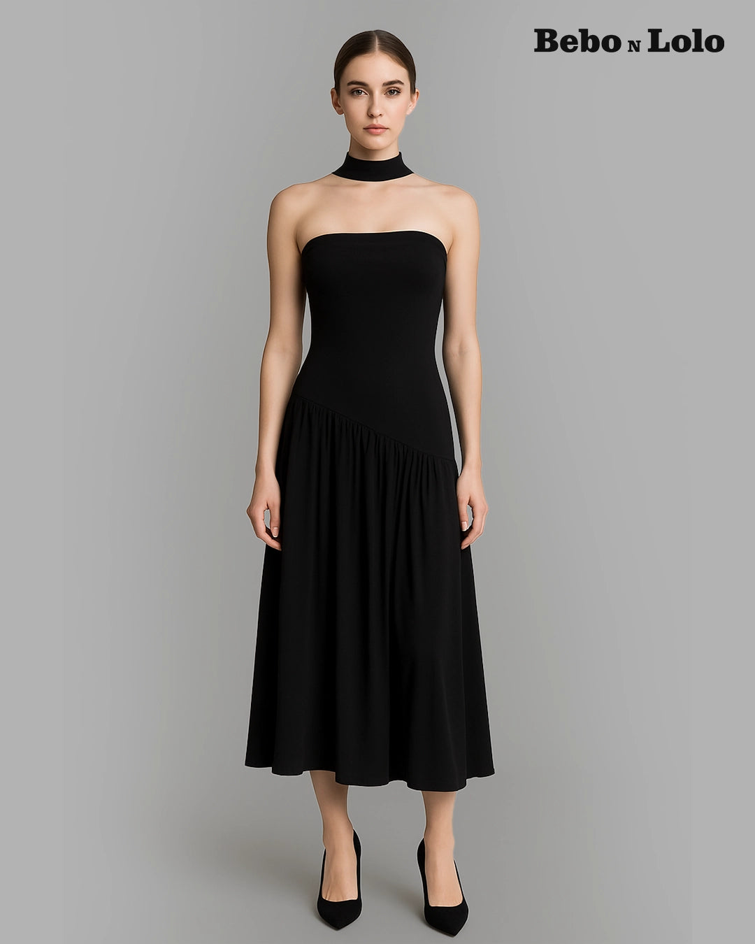 Strapless drop waist black midi dress - front view