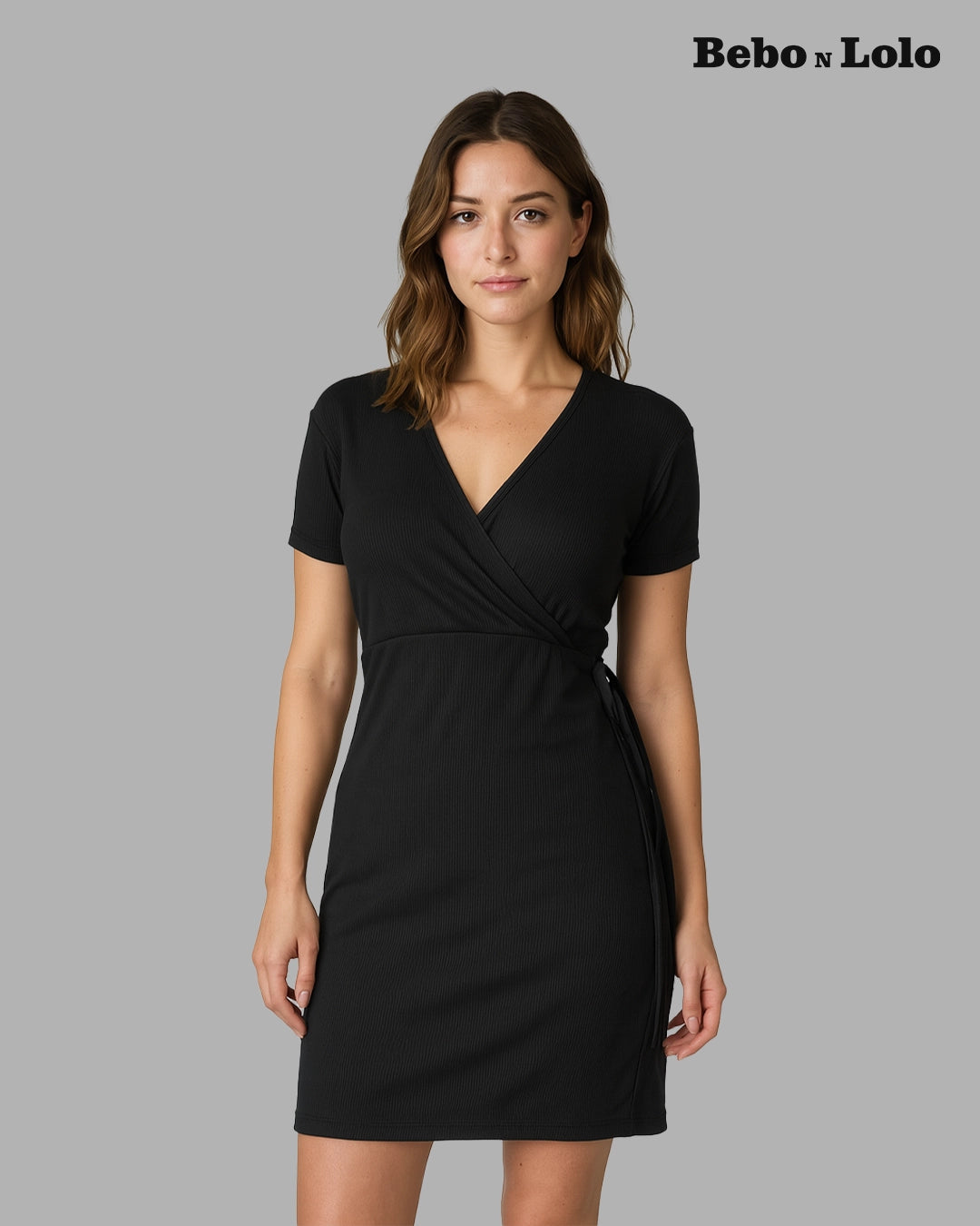 Classic Wrap Black Ribbed Mini Dress - bebonlolo