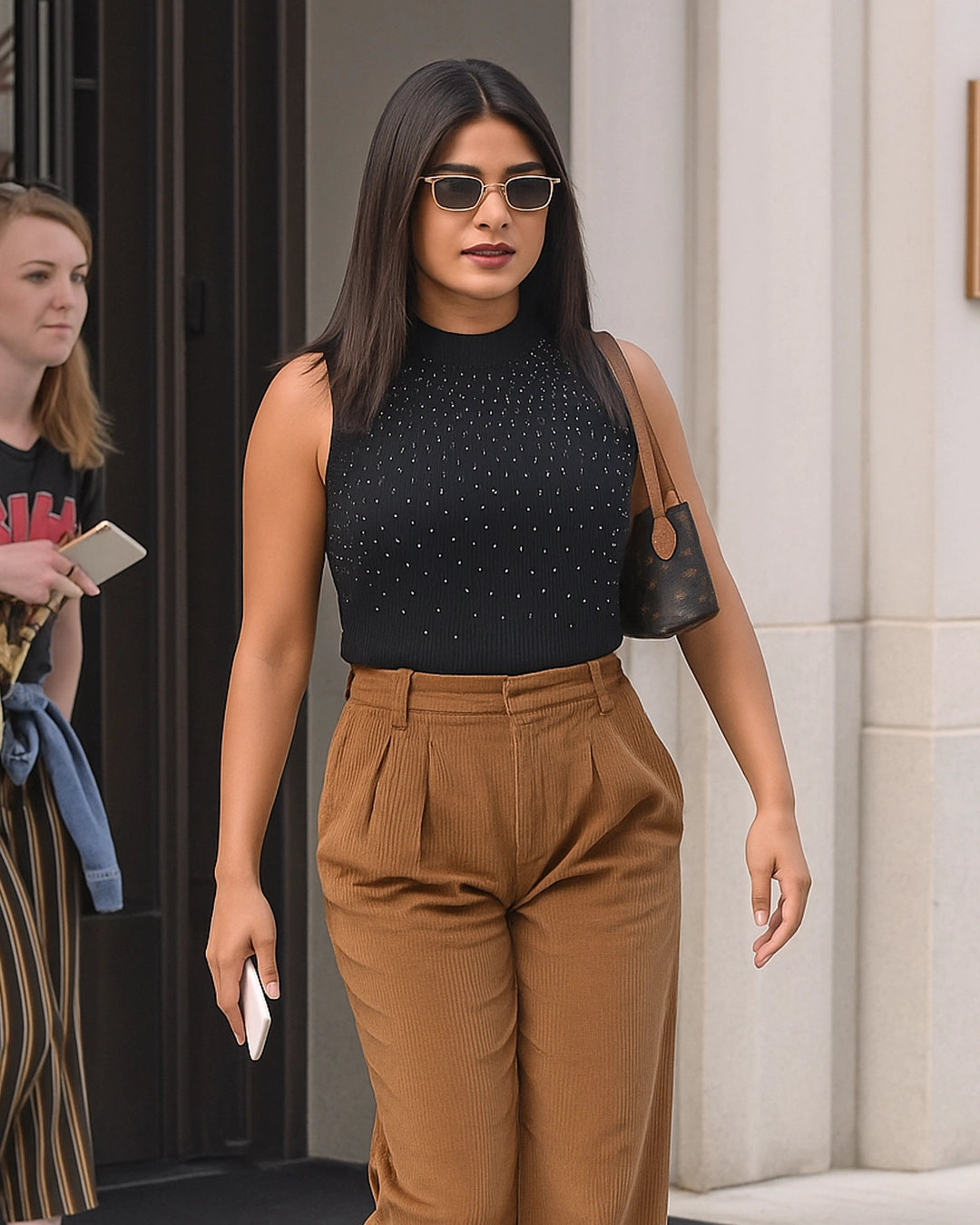 Woman wearing a black sleeveless top and brown pants walking outdoors.