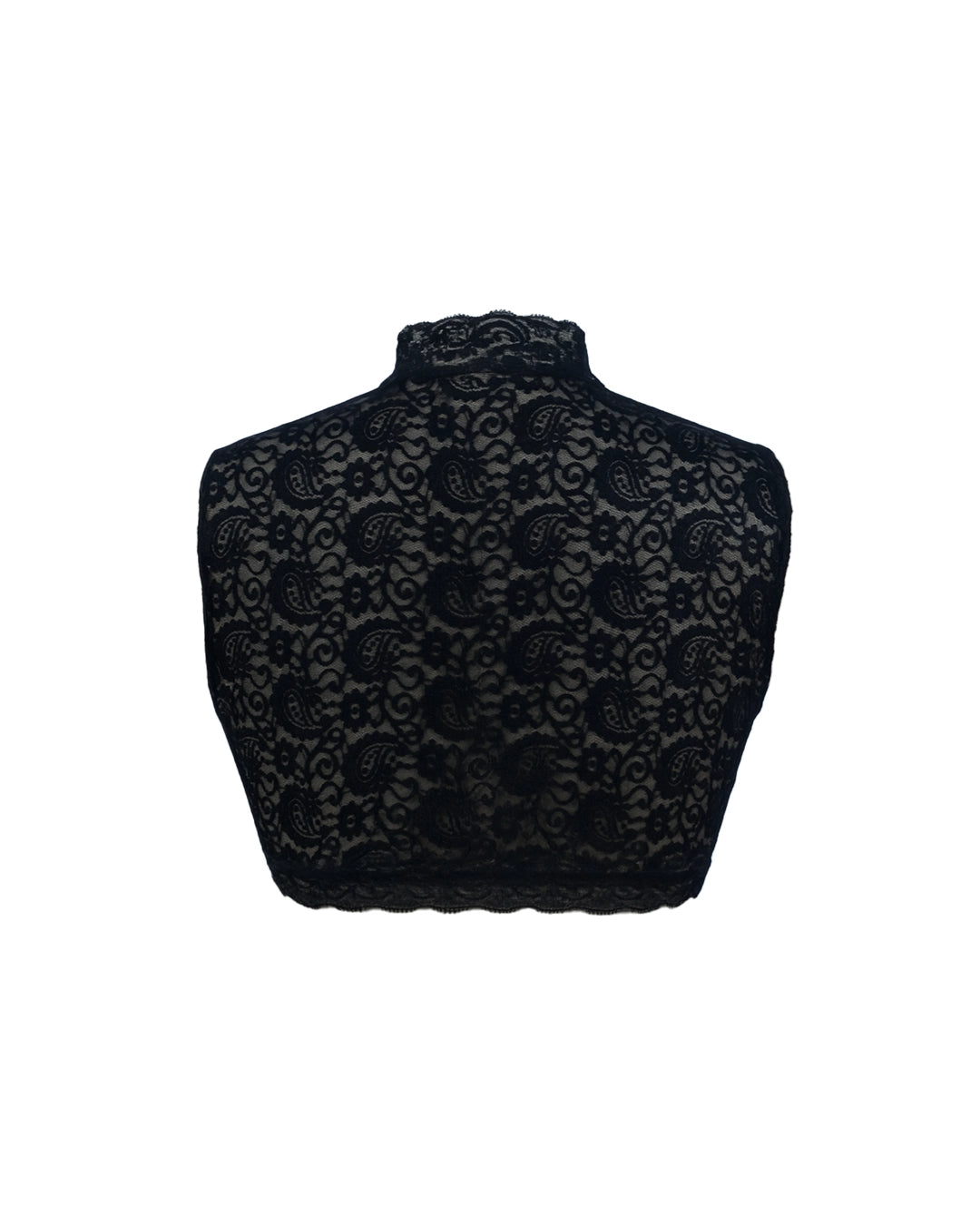 Black lace crop top on a white background
