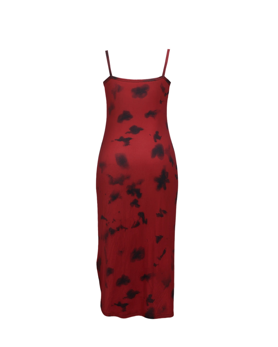 Red dress with black floral pattern on a white background