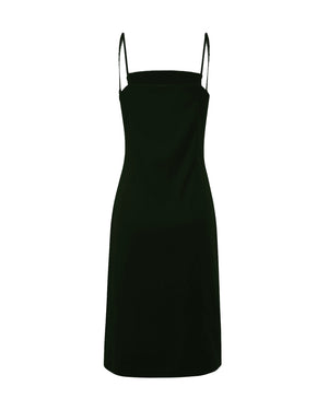 Black slip dress with thin straps on a white background