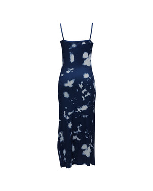 Navy blue slip dress with white abstract pattern on a white background