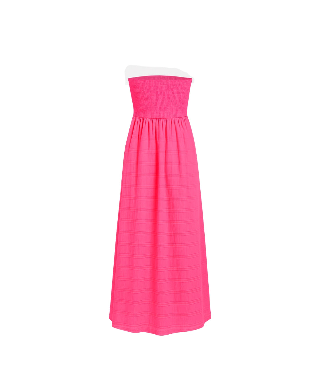 Pink strapless dress with white trim on a white background