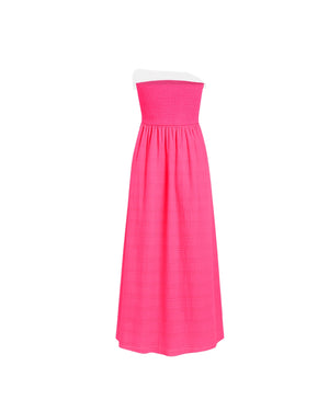 Pink strapless dress with white trim on a white background
