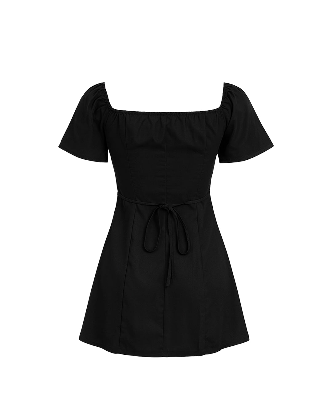 Black dress with square neckline and short sleeves on a white background