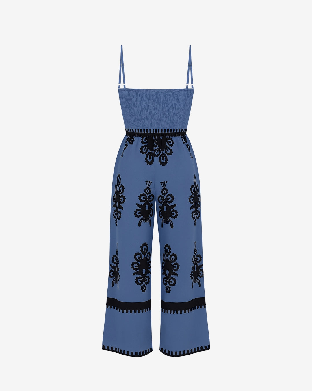 Blue jumpsuit with black patterns on a white background