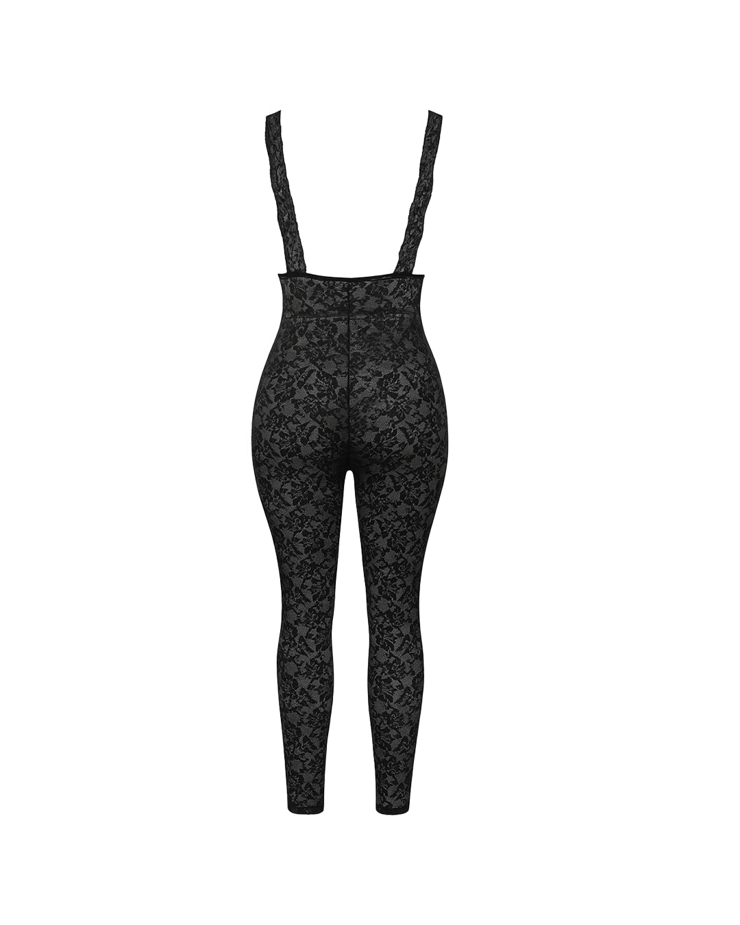 Black patterned jumpsuit with suspenders on a white background