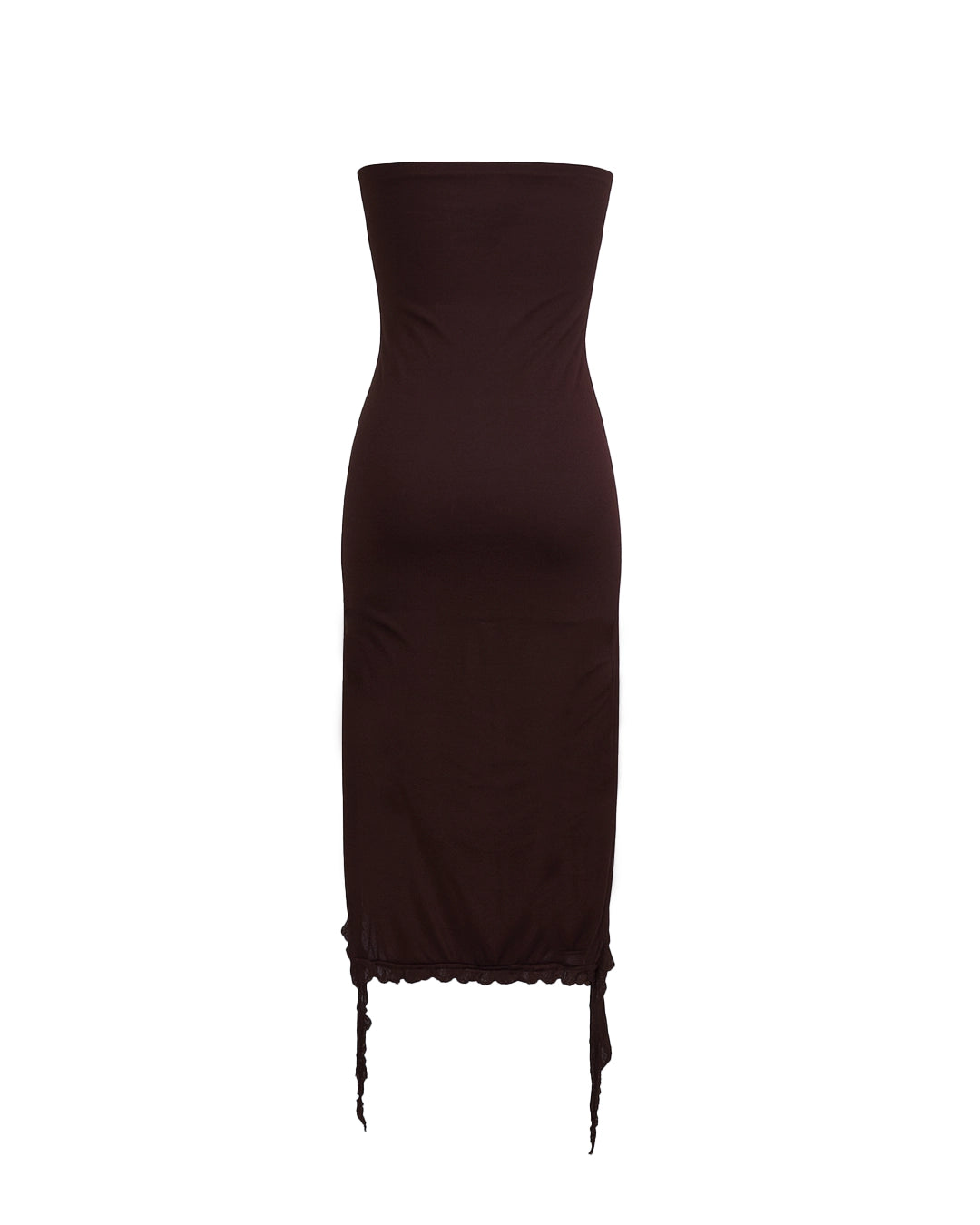 Brown strapless dress with lace details on a white background