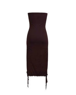 Brown strapless dress with lace details on a white background