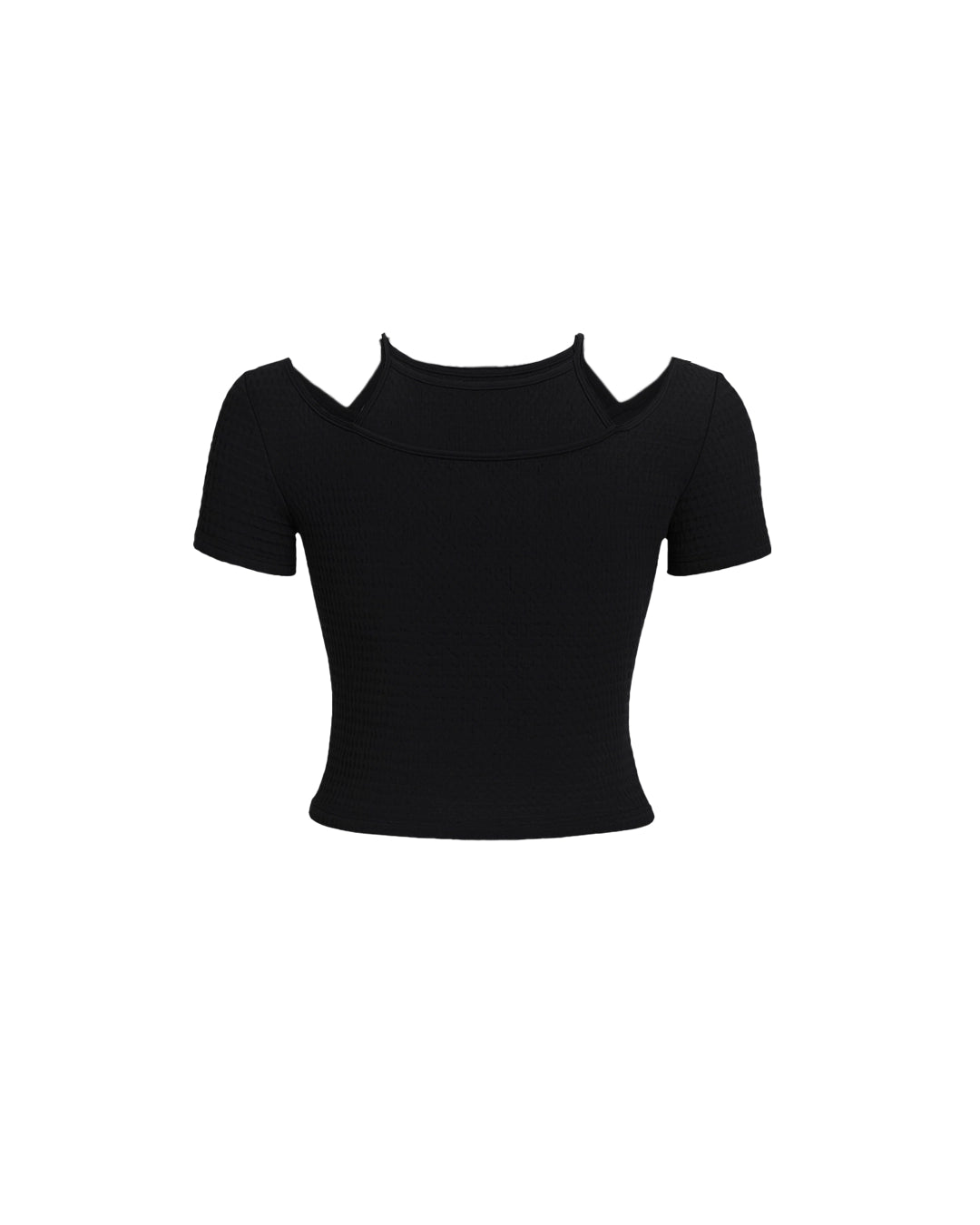 Black crop top with cut-out shoulders on a white background