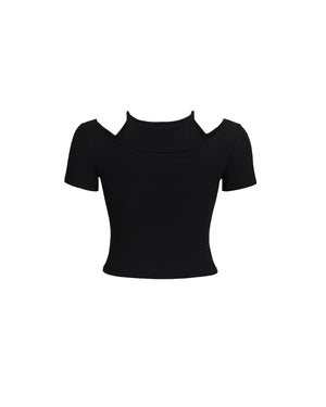 Black crop top with cut-out shoulders on a white background