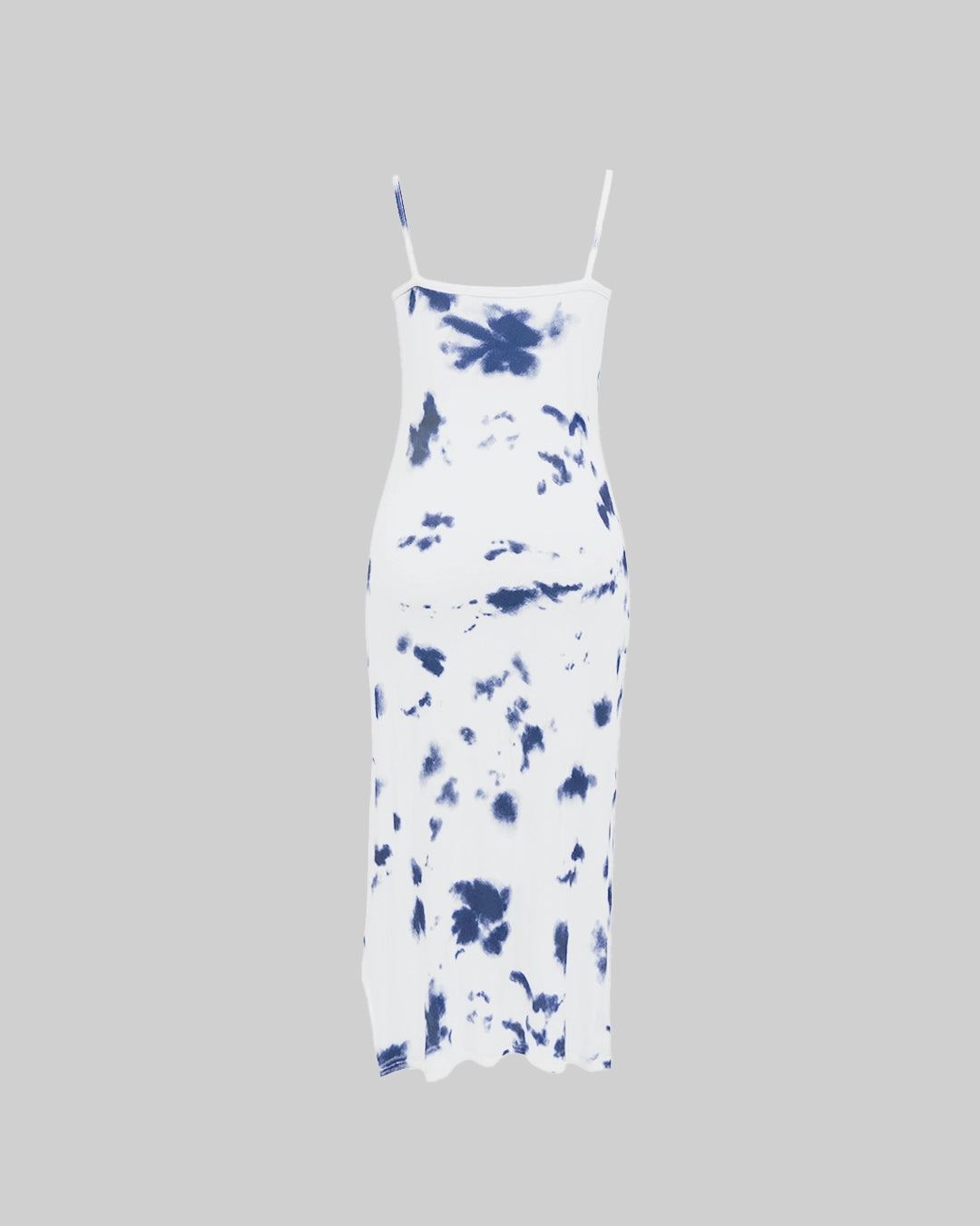 White dress with blue tie-dye pattern on a gray background