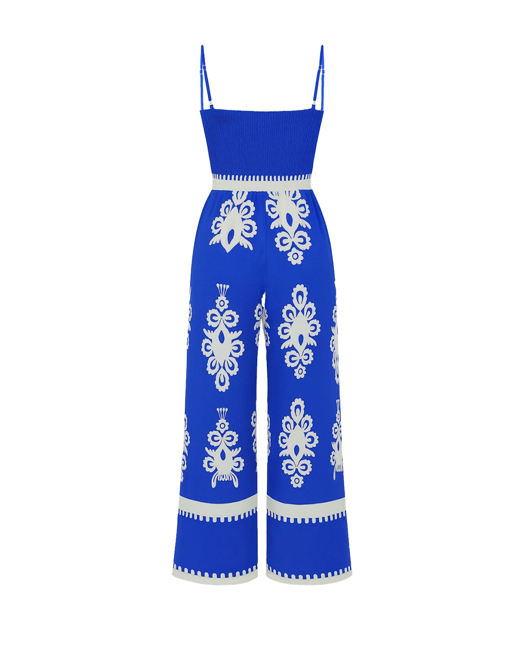 Blue jumpsuit with white patterns on a white background