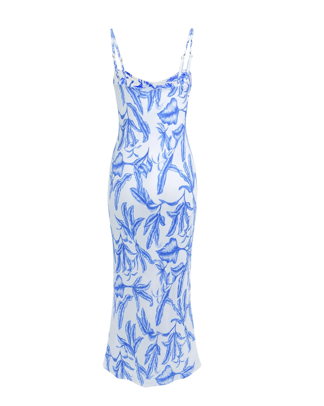 Blue and white patterned slip dress on a white background