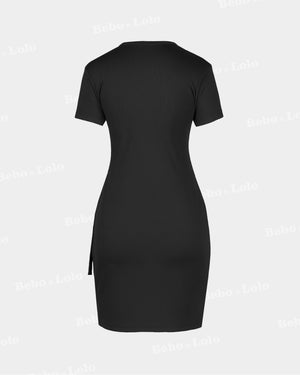 Classic Wrap Black Ribbed Mini Dress - bebonlolo