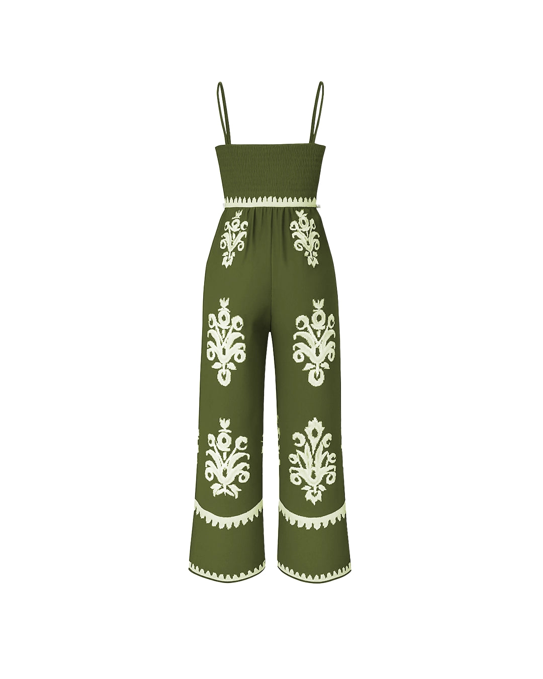 Green jumpsuit with white patterns on a white background