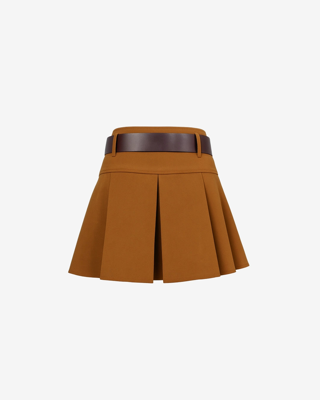 Brown pleated skirt with a belt on a light gray background