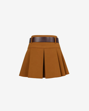 Brown pleated skirt with a belt on a light gray background