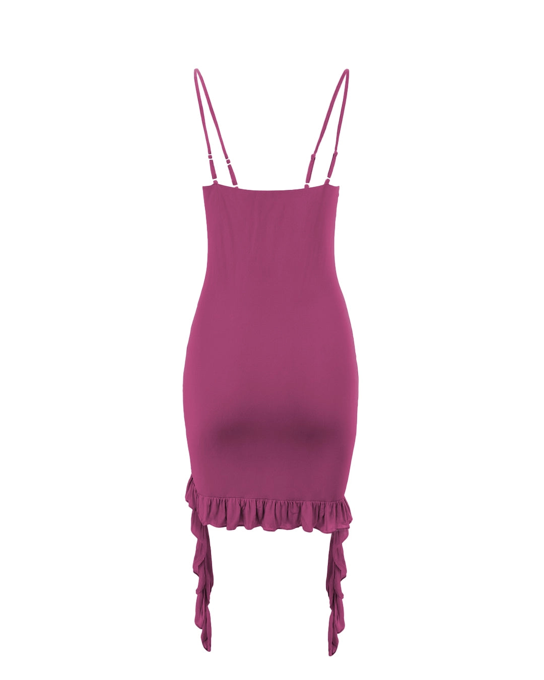 Magenta dress with thin straps and ruffled hem on a white background