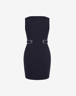 Black strapless dress with a belt on a white background