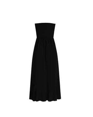 Black strapless dress on a white background
