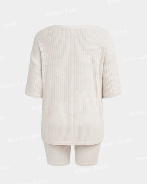 BeboNLolo white ribbed co-ord set with oversized half-sleeve top and matching shorts – Back  View