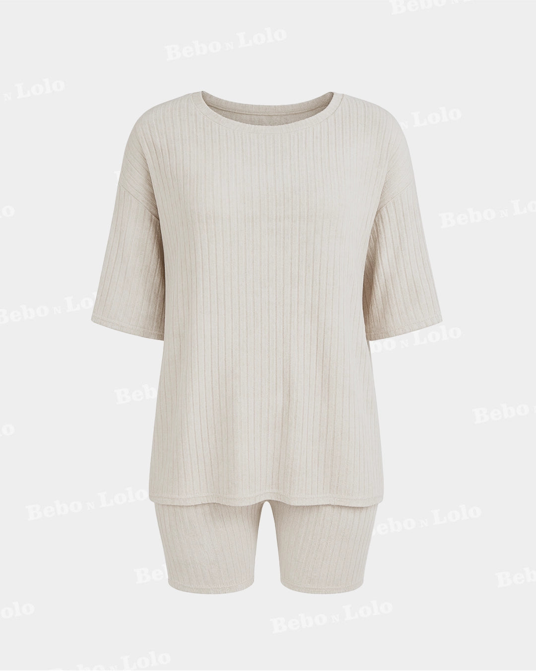BeboNLolo white ribbed co-ord set with oversized half-sleeve top and matching shorts – Front View