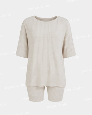 BeboNLolo white ribbed co-ord set with oversized half-sleeve top and matching shorts – Front View