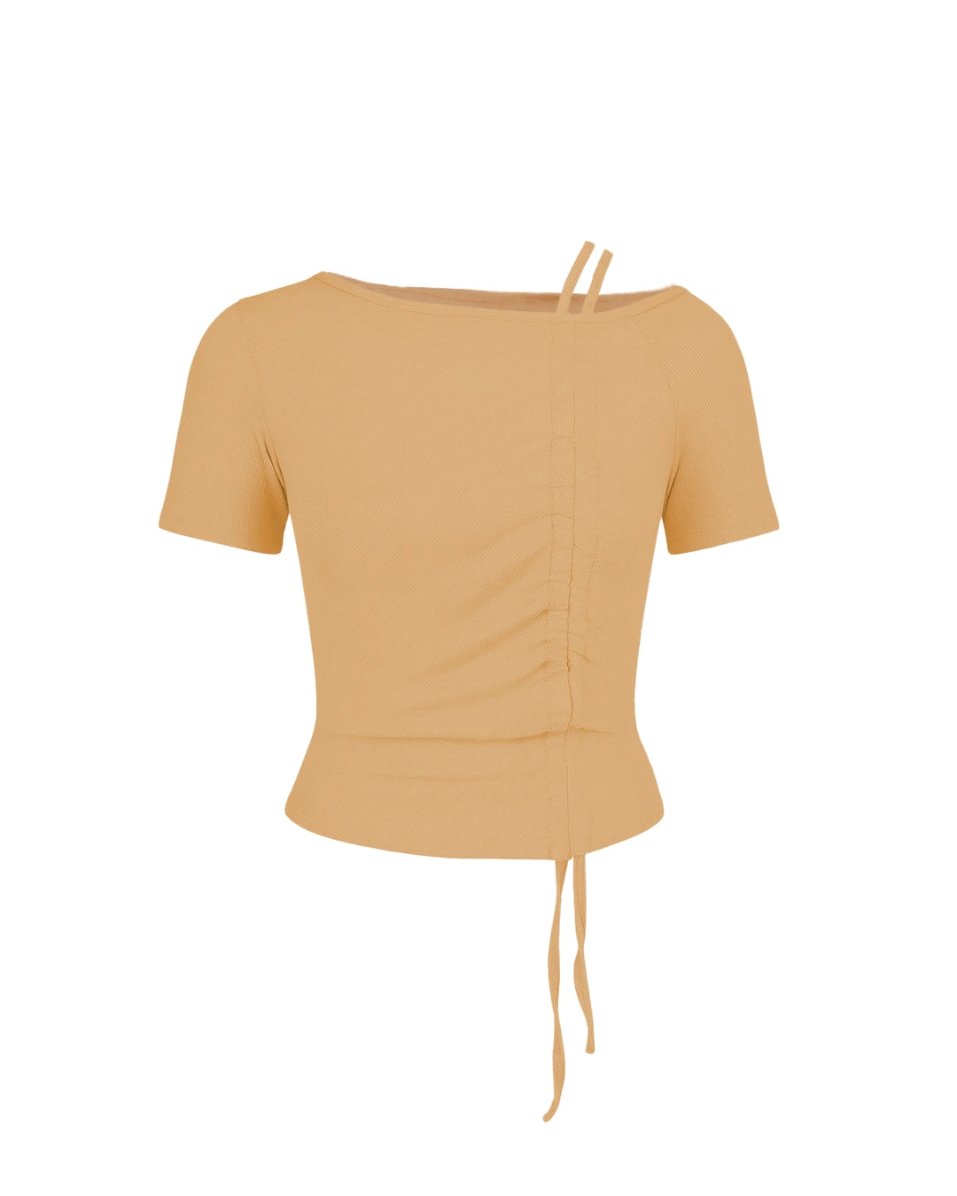 Yellow top with short sleeves and tie details on a white background