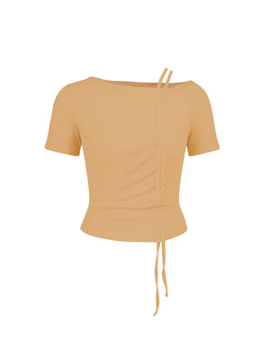 Yellow top with short sleeves and tie details on a white background