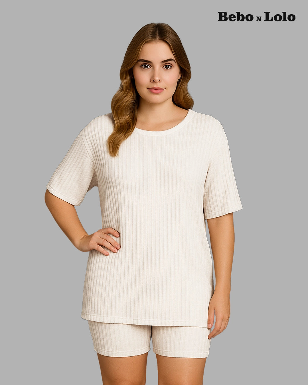 BeboNLolo white ribbed co-ord set with oversized half-sleeve top and matching shorts – Front View