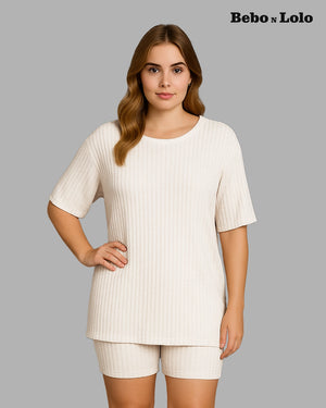 BeboNLolo white ribbed co-ord set with oversized half-sleeve top and matching shorts – Front View
