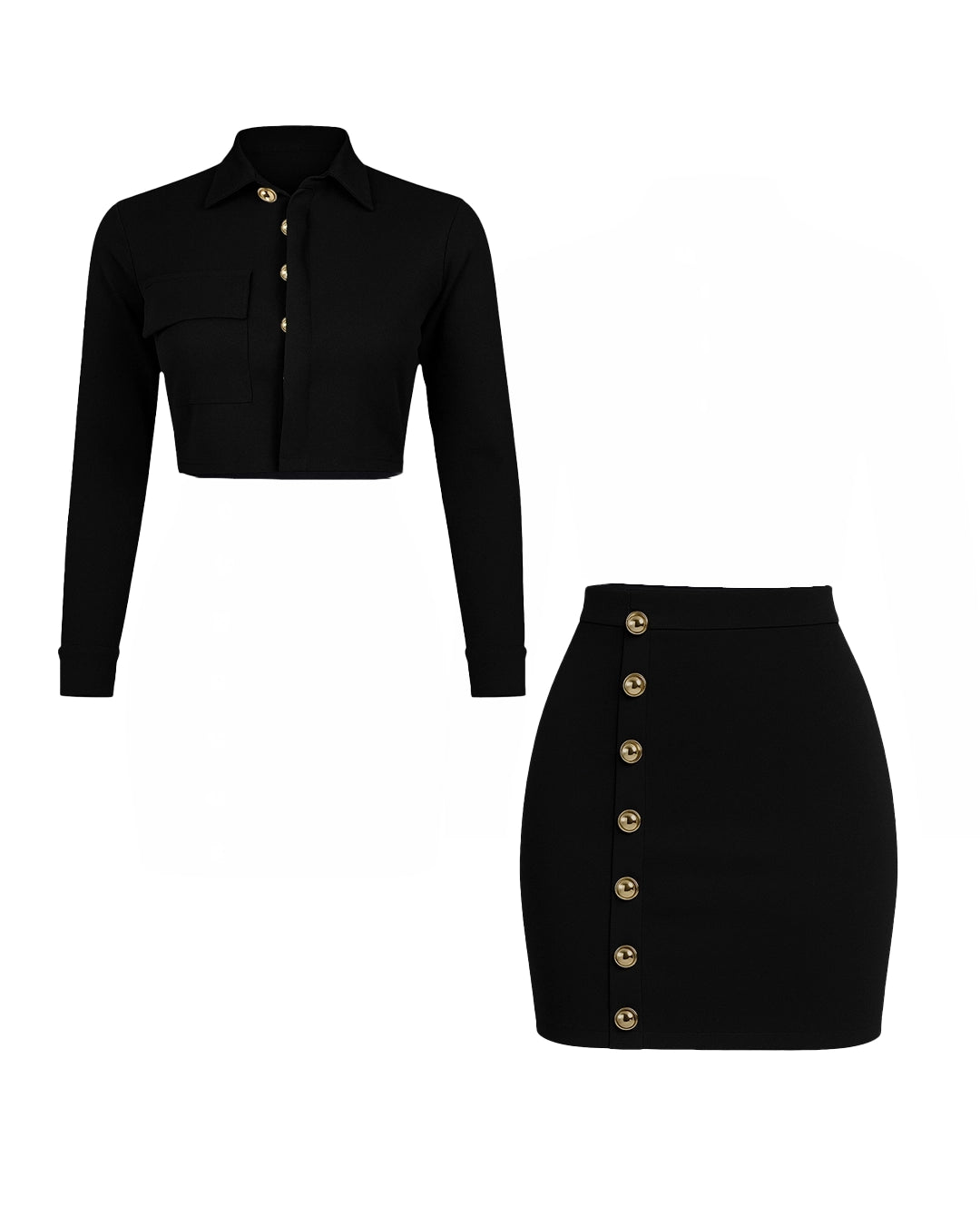 Black long-sleeve crop top and black skirt with gold buttons on a white background