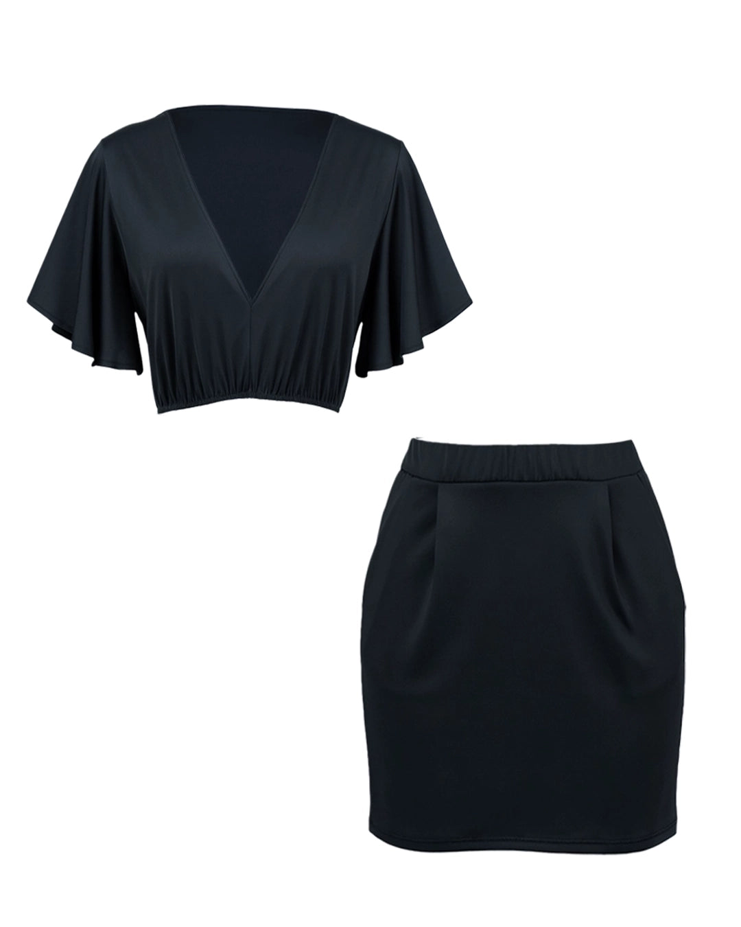 Black crop top and skirt set on a white background