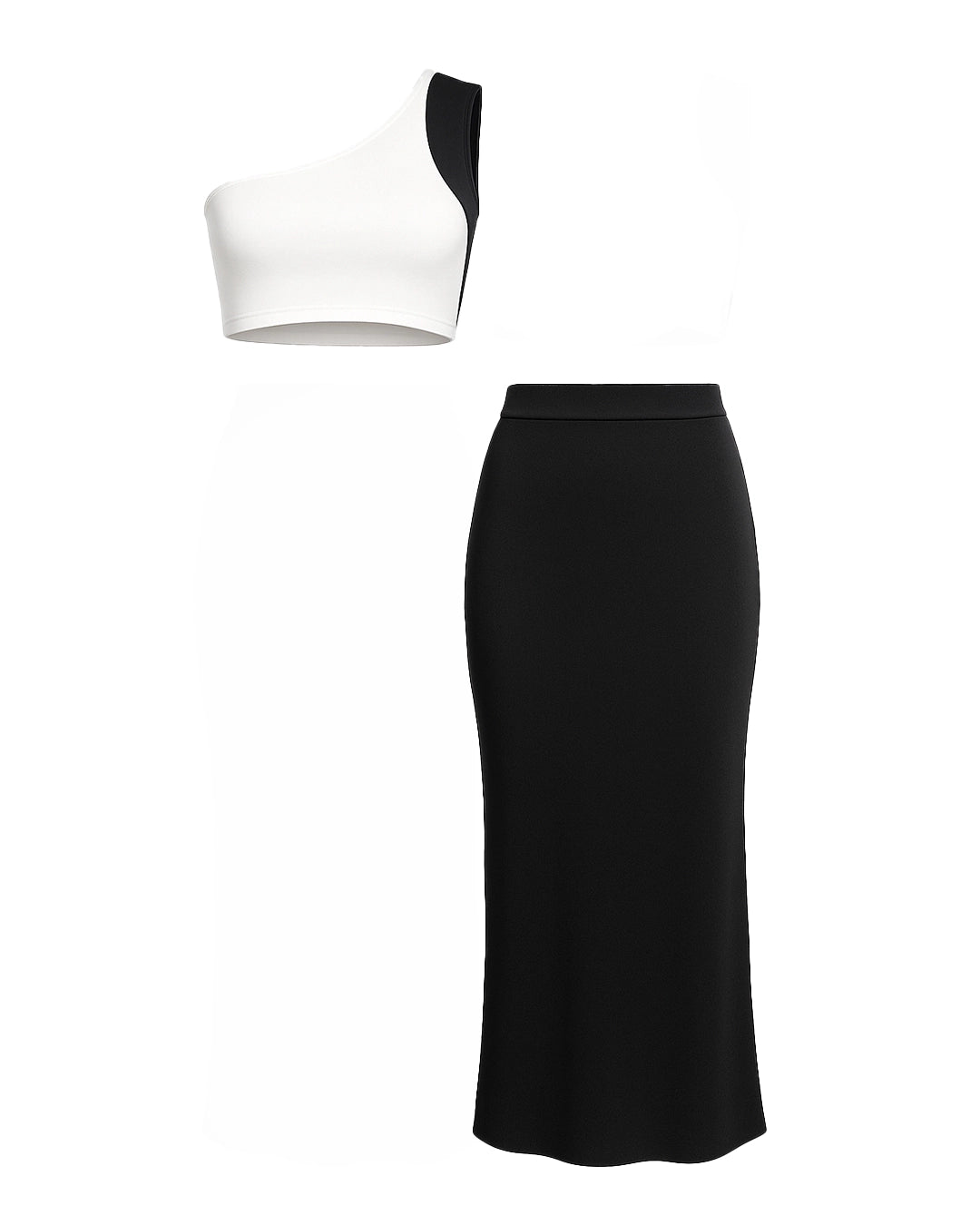 White one-shoulder top and black pencil skirt on a white background